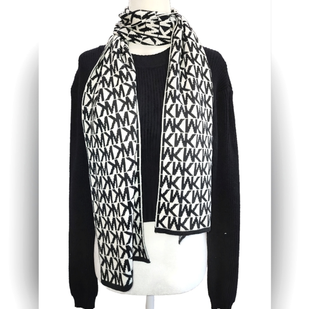 Micheal Kors Womens MK Logo Print Scarf Black and White